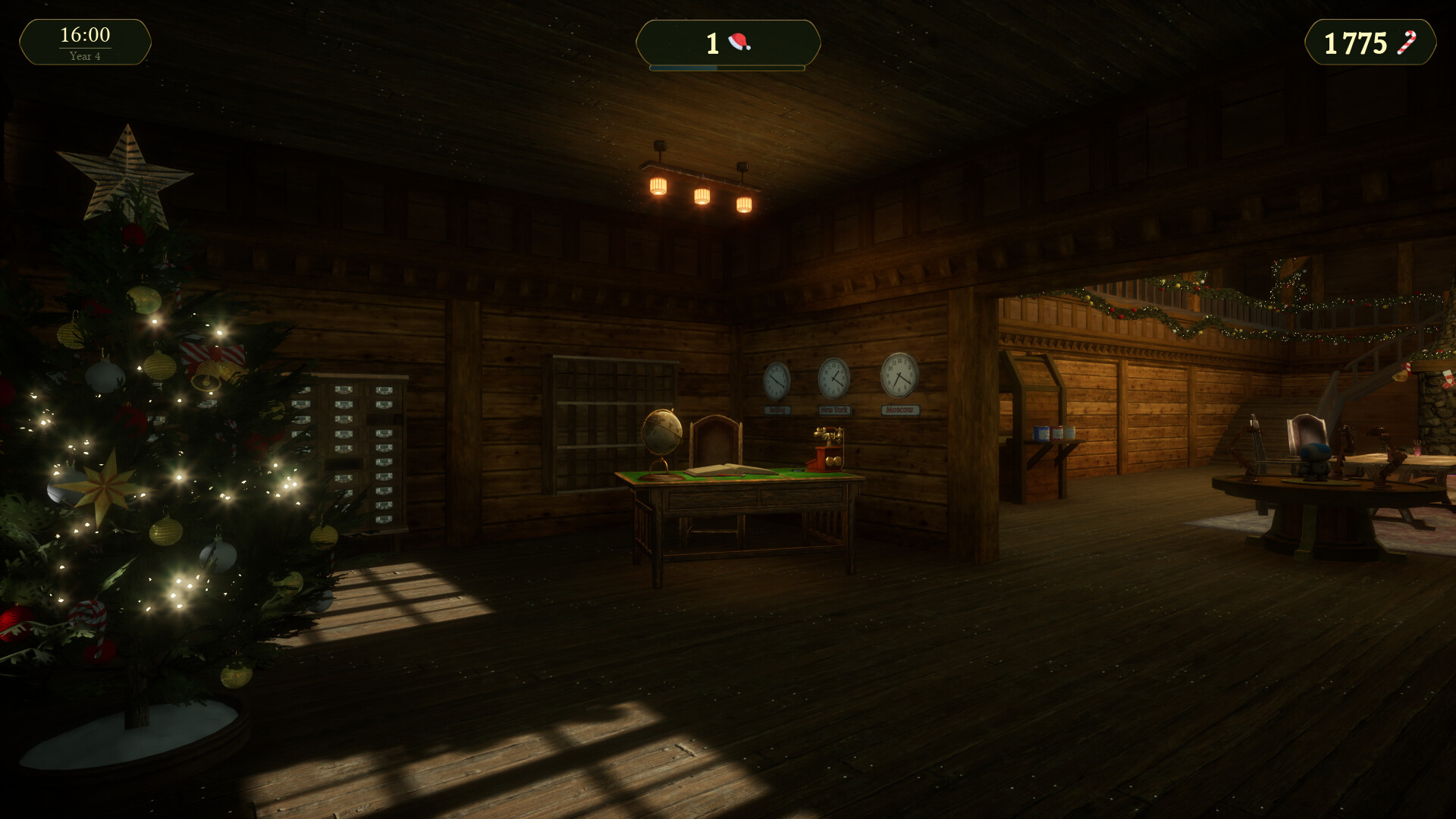 Santa Simulator cozy winter workshop interior